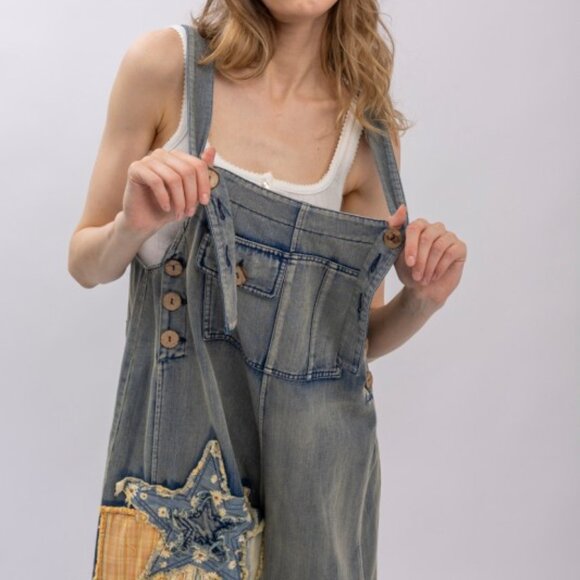 Patchwork Denim Bib Overalls - Picture 3 of 16